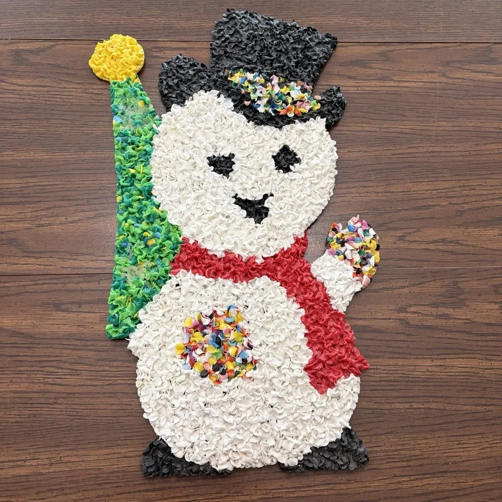 Vintage Melted Plastic‎ Popcorn Snowman Christmas Decoration Wall Hanging
